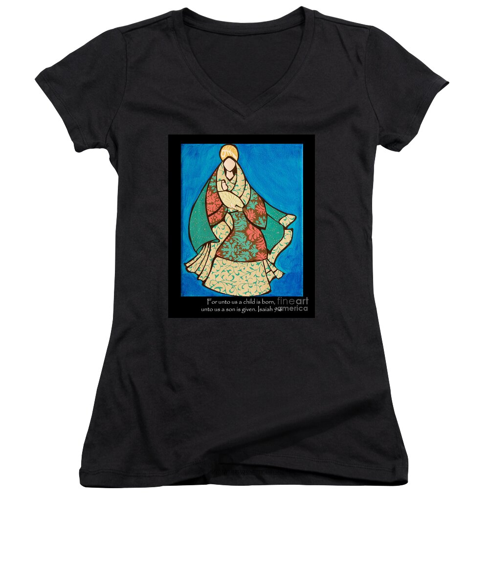 Mary Women's V-Neck featuring the mixed media Mother Mary and Baby Jesus by Susan Cliett