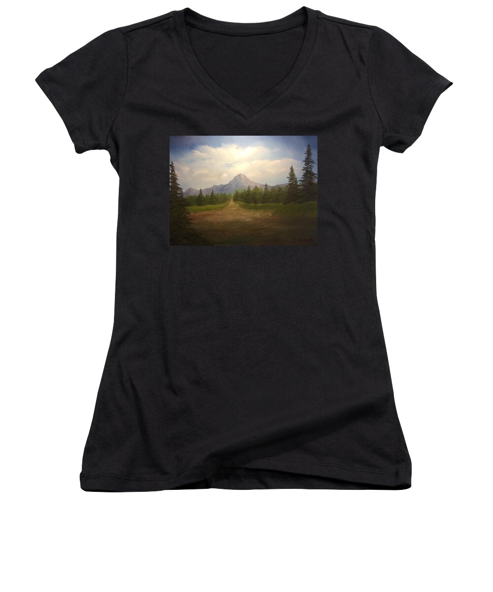 Landscape. Oil Painting. Mountains Sky. Clouds. Evergreens. Women's V-Neck featuring the painting Mountain run road by Justin Wozniak