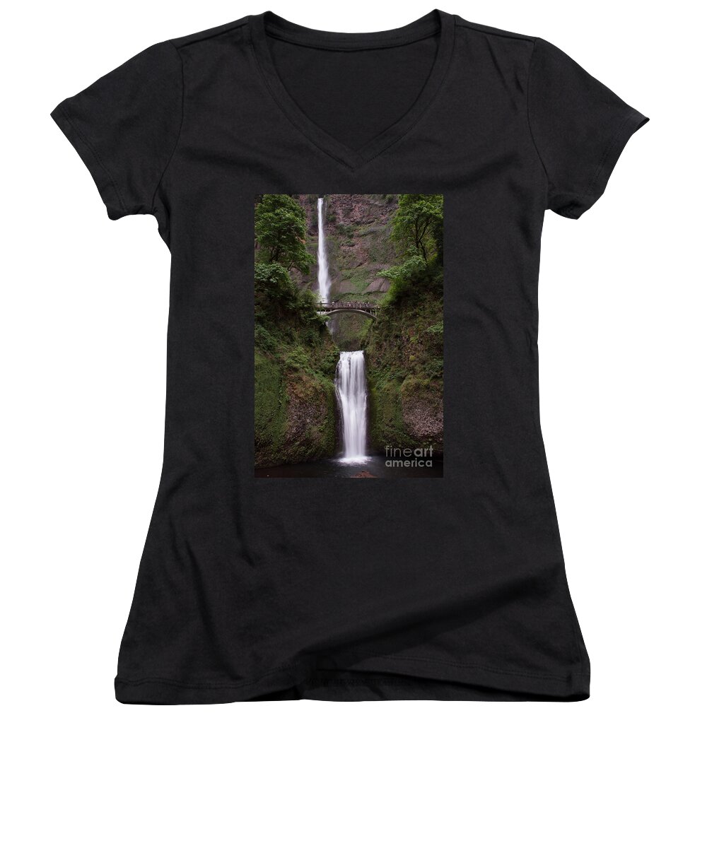 Multnomah Falls Women's V-Neck featuring the photograph Multnomah Falls by Suzanne Luft