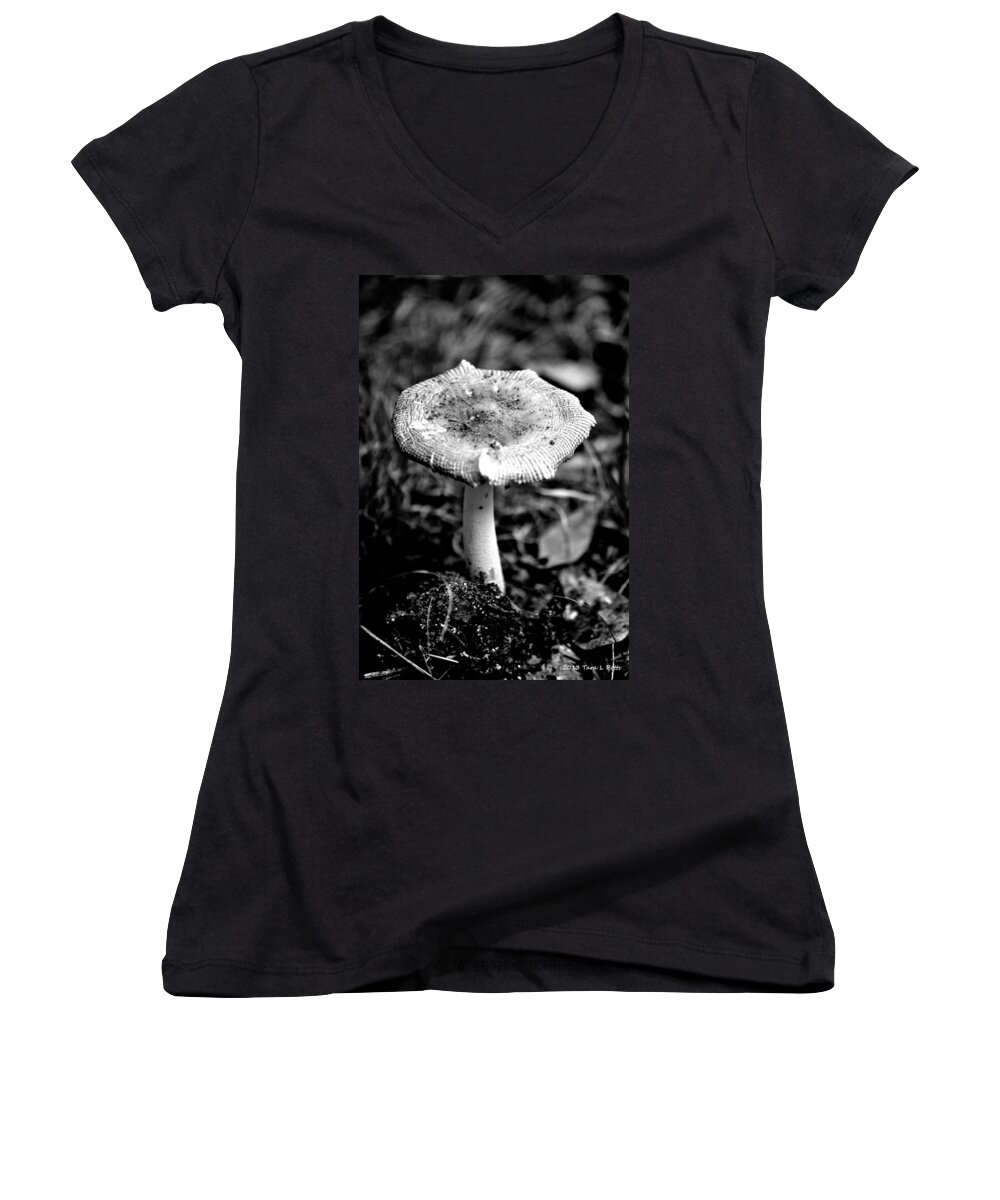 Mushroom Women's V-Neck featuring the photograph Mushroom in Black and White by Tara Potts
