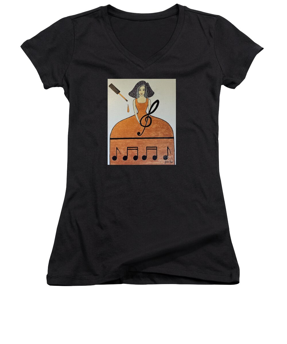 Music Women's V-Neck featuring the painting Music lover by Jasna Gopic