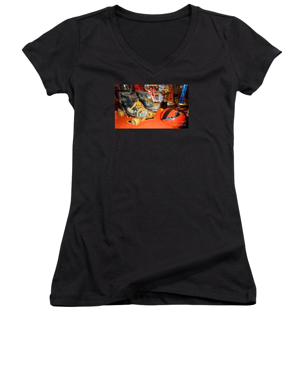 Jim Fitzpatrick Women's V-Neck featuring the photograph My Battle Scarred Roller Derby Skates and Helmet  by Jim Fitzpatrick