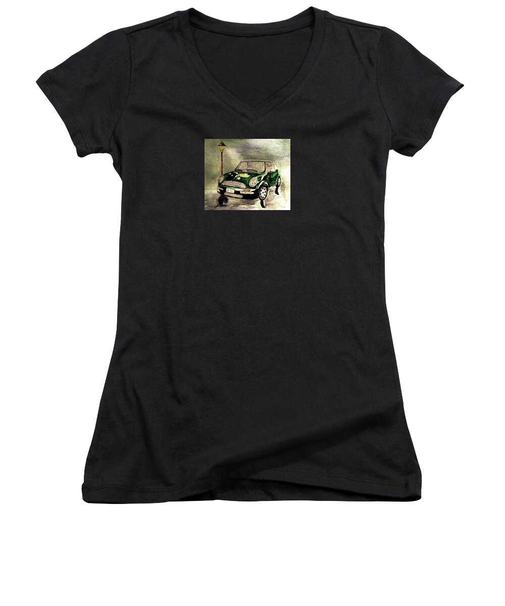 Mini Coopers Women's V-Neck featuring the painting In The Rain by Angela Davies