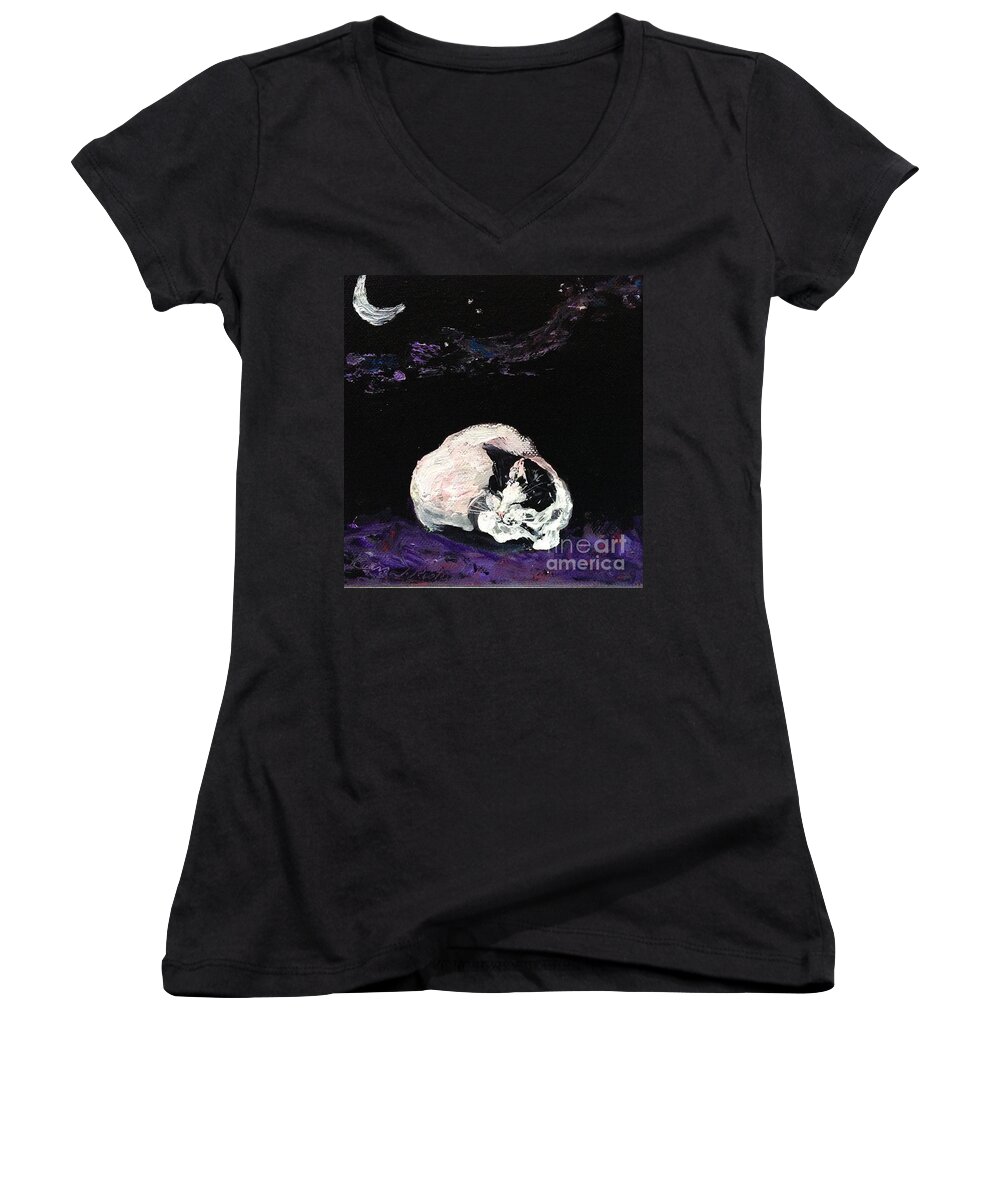 Sleeping Artwork Women's V-Neck featuring the painting Mystic cat nap by Reina Resto