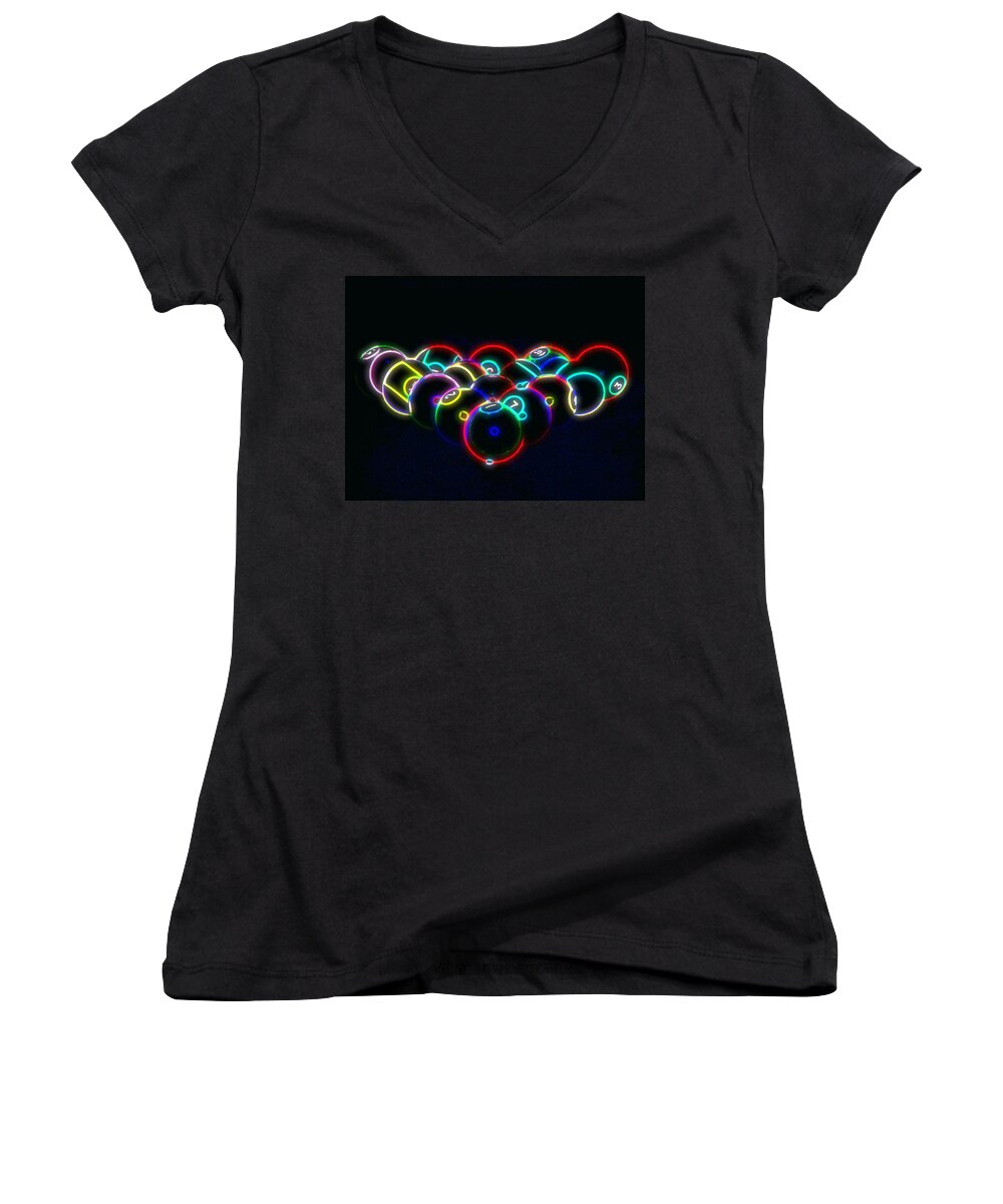 Pool Women's V-Neck featuring the photograph Neon Pool Balls by Kathy Churchman