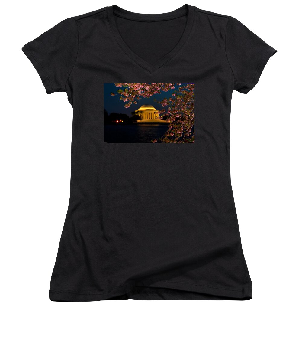 America Women's V-Neck featuring the photograph Night View of Cherry Blossoms and the Jefferson Memorial by Mitchell R Grosky