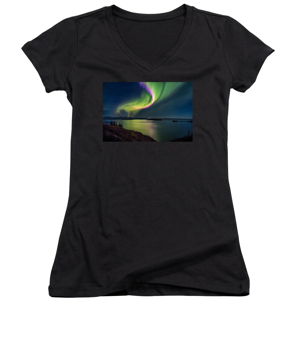 Photography Women's V-Neck featuring the photograph Northern Lights Over Thingvallavatn Or by Panoramic Images