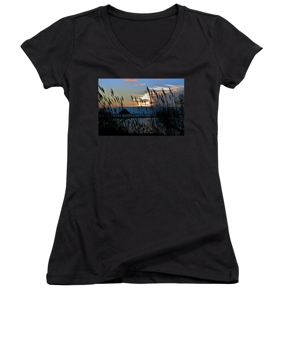 Ocean City Women's V-Neck featuring the photograph Ocean City Sunset at Northside Park by Bill Swartwout