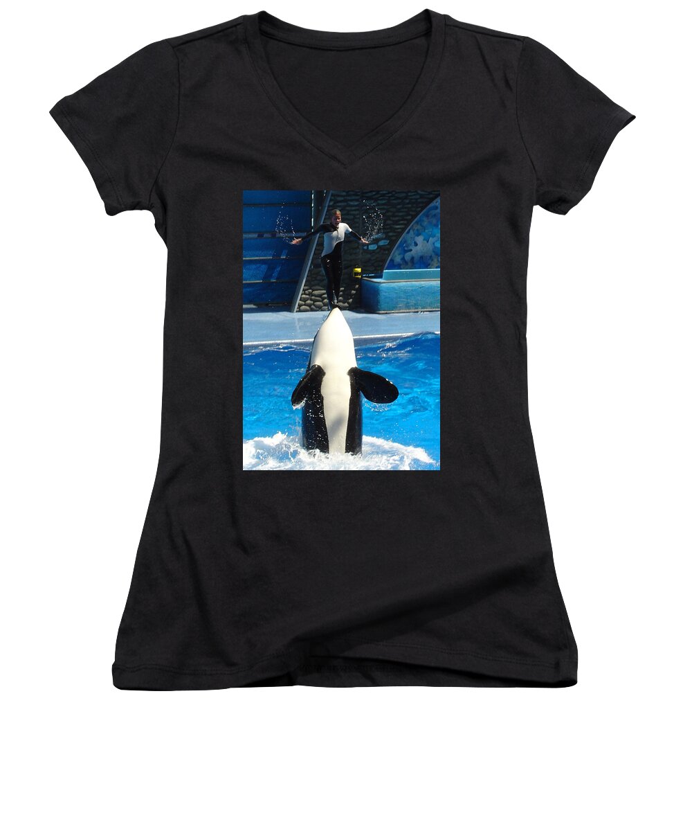 Orcas Women's V-Neck featuring the photograph Nose Dive by David Nicholls