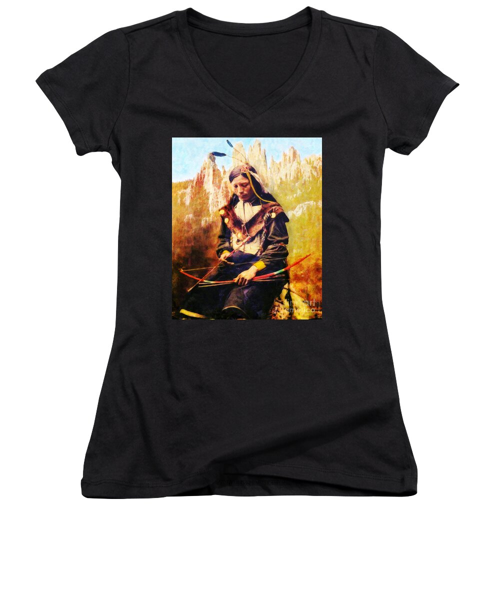 Native American Women's V-Neck featuring the digital art Oglala Homeland by Lianne Schneider