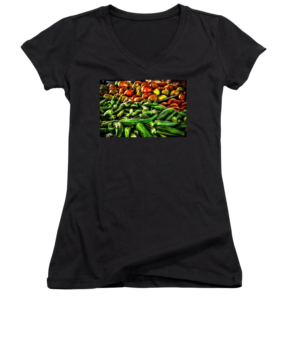 Okra Women's V-Neck featuring the photograph Okra and Tomatoes by David Morefield