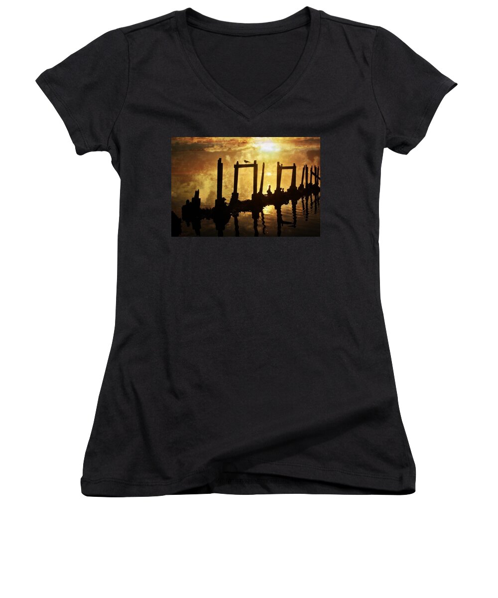 Sunset Women's V-Neck featuring the photograph Old Pier At Sunset by Marty Koch
