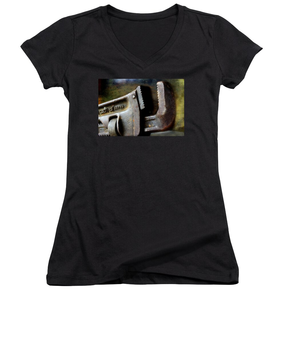 Pipe Wrench Women's V-Neck featuring the photograph Old Pipe Wrench by Michael Eingle
