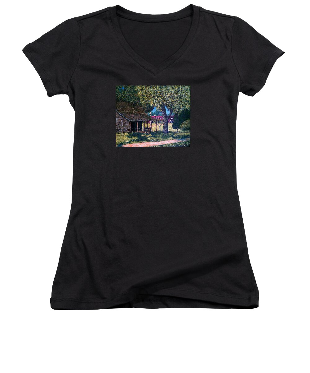 Landscape Women's V-Neck featuring the painting Old plantation tool house by Frank Morrison