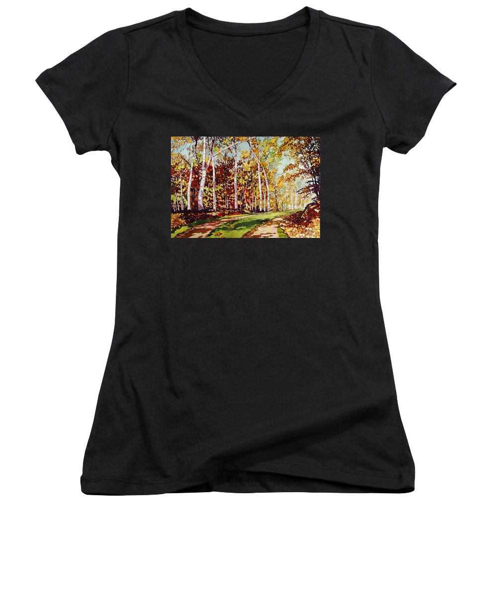 Watercolor Women's V-Neck featuring the painting Old Trail Headed West by Mick Williams