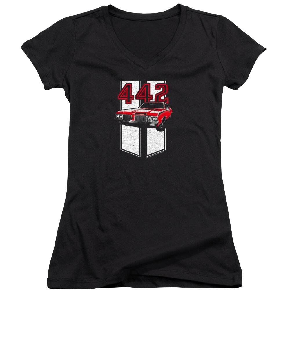Red Women's V-Neck featuring the digital art Oldsmobile - 442 by Brand A