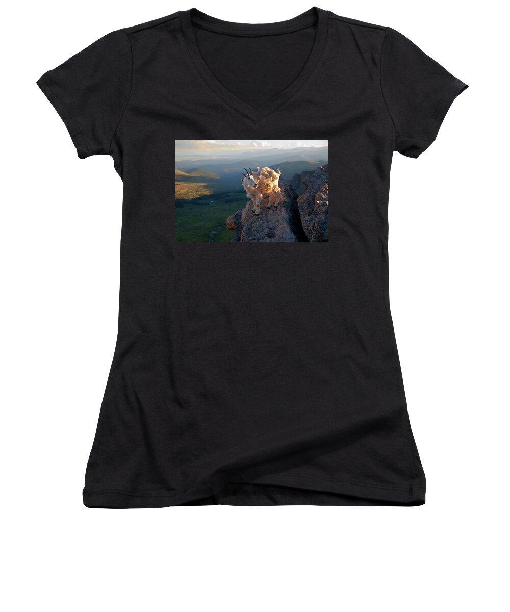 Mountain Goats; Sunset; Overlook; Mountain Momma; Goat; Nature; Wildlife; Baby Animal; Mother; Precipice; Outcrop; Cliff; Windy; Women's V-Neck featuring the photograph On a Clear Day by Jim Garrison