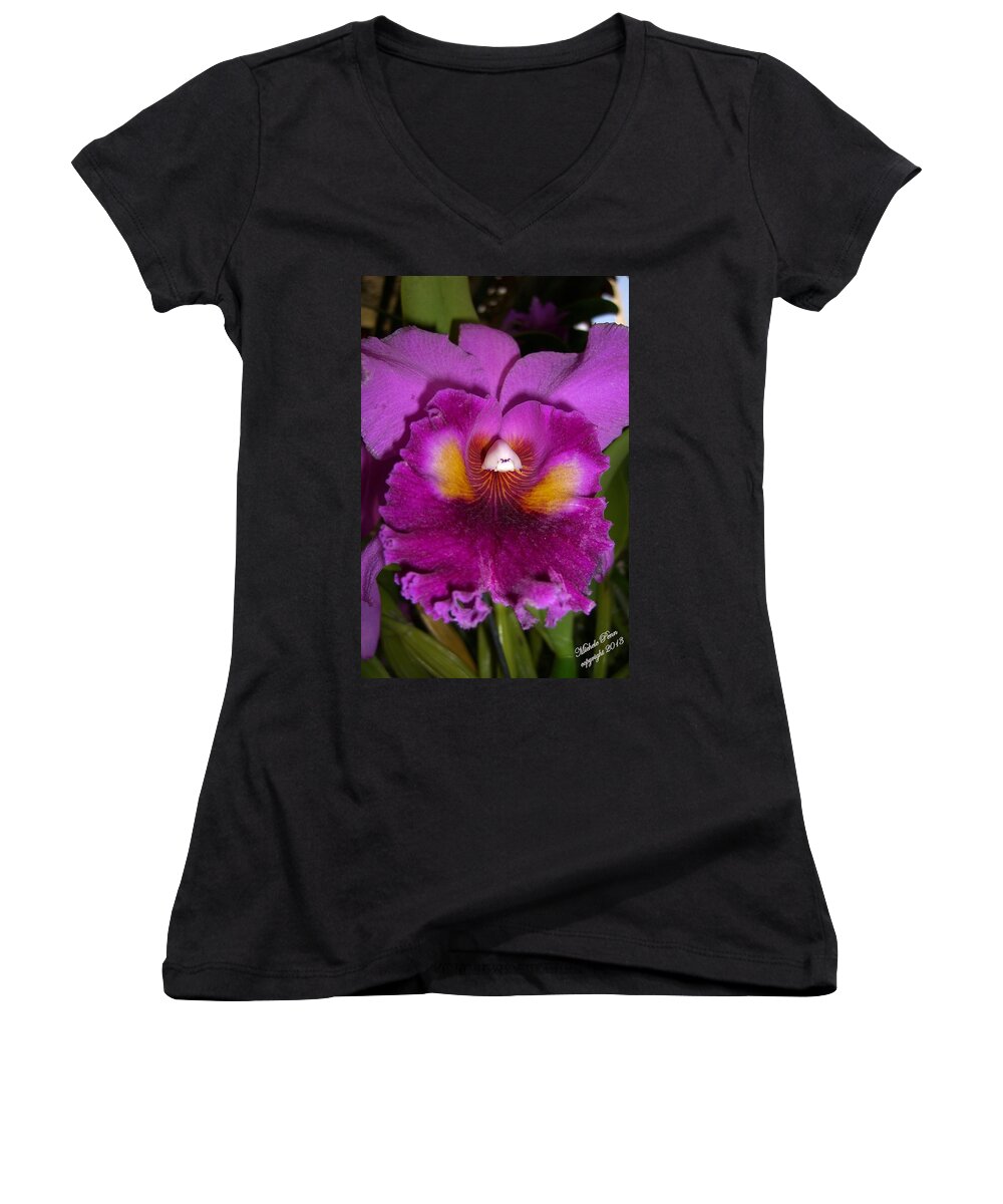 Orchid Women's V-Neck featuring the photograph Orchid Flames by Michele Penn