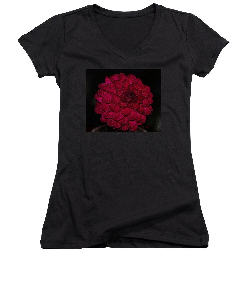 Dahlia Women's V-Neck featuring the photograph Ornate Red Dahlia by Jeanette C Landstrom