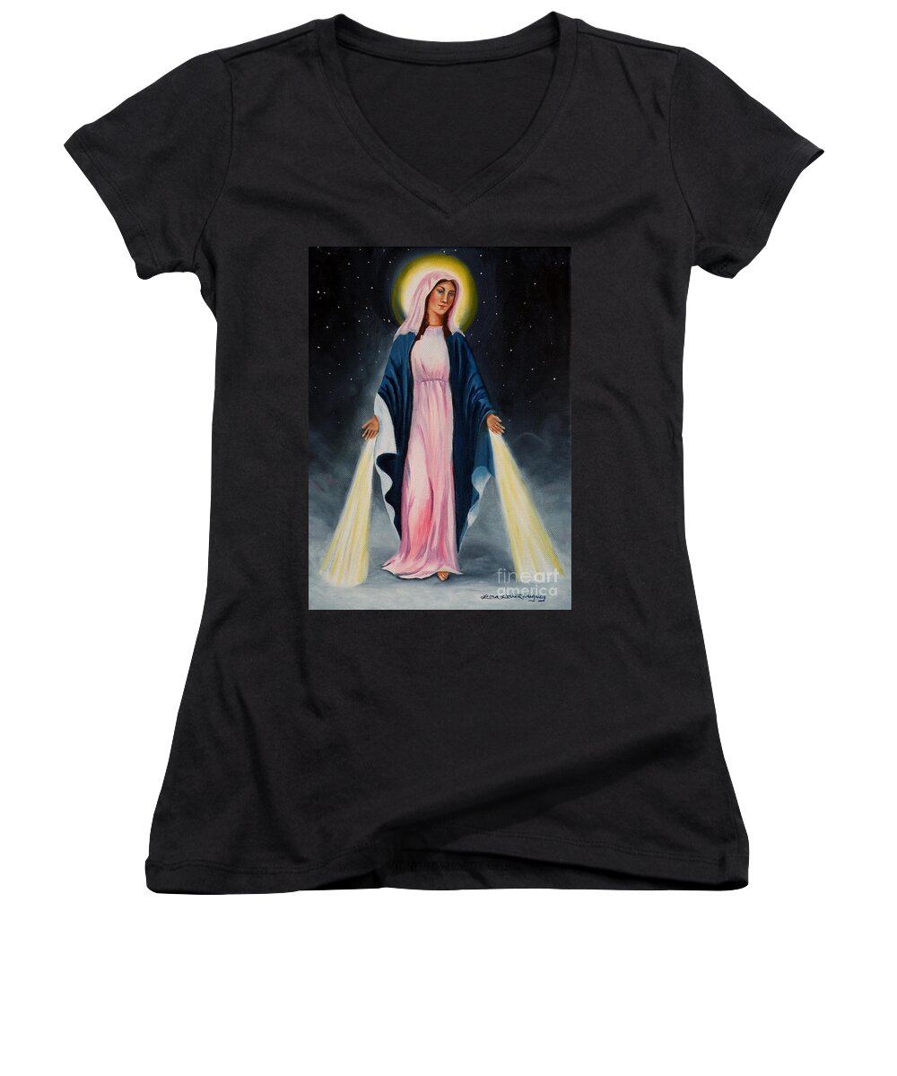 Our Lady Of Grace Women's V-Neck featuring the painting Our Lady of Grace II by Lora Duguay