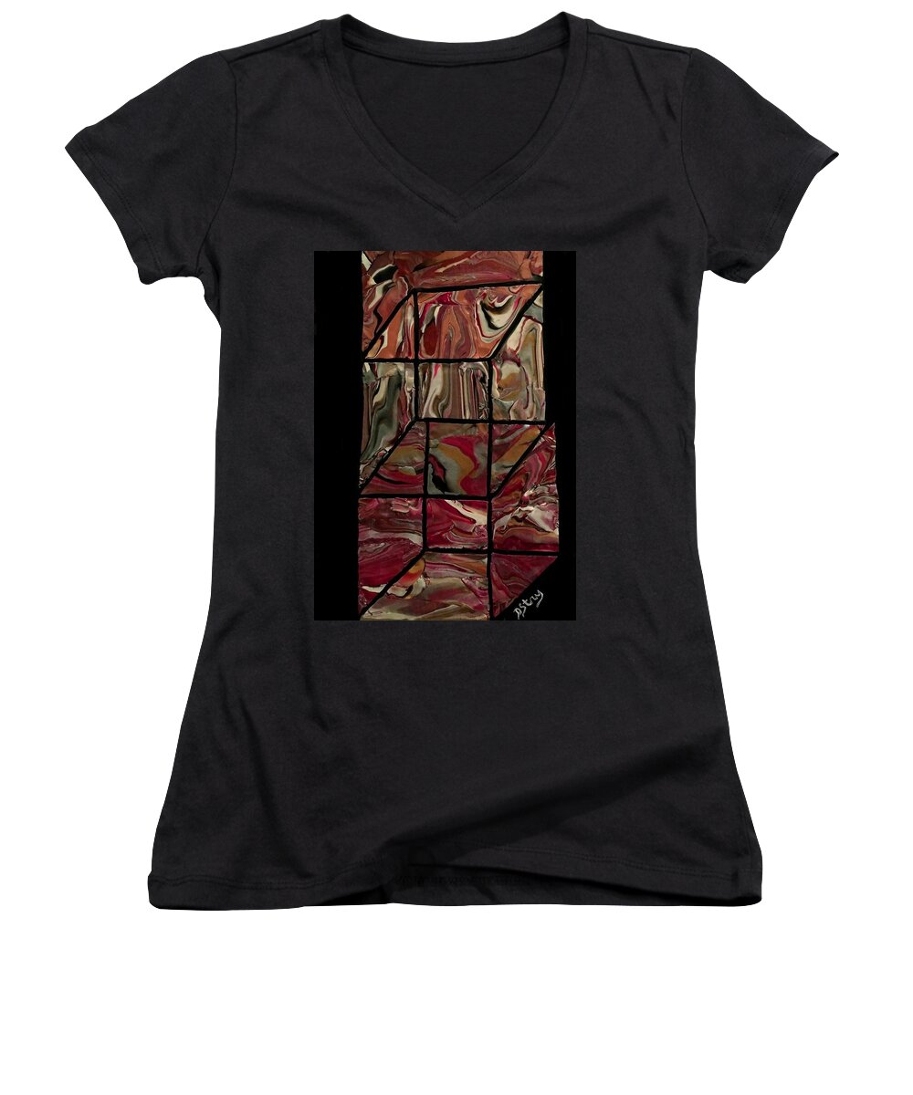 Cube Women's V-Neck featuring the mixed media Outside the Box II by Deborah Stanley