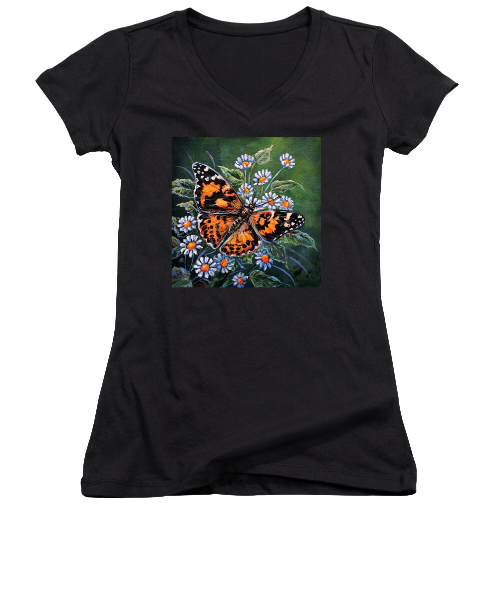 Nature Butterfly Painted Lady Wings Daisy Flower Women's V-Neck featuring the painting Painted Lady by Gail Butler