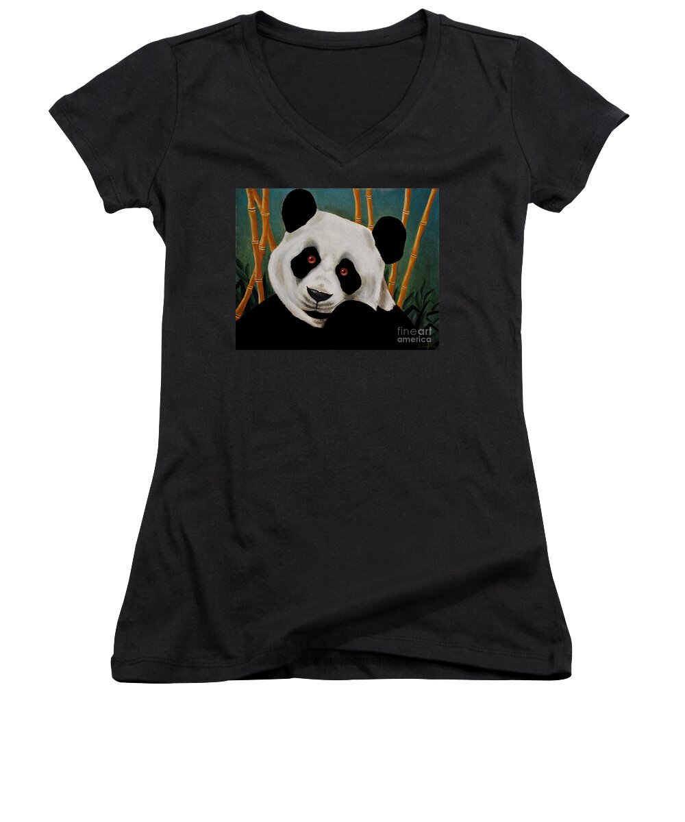 Panda Women's V-Neck featuring the painting Panda by Savannah Gibbs