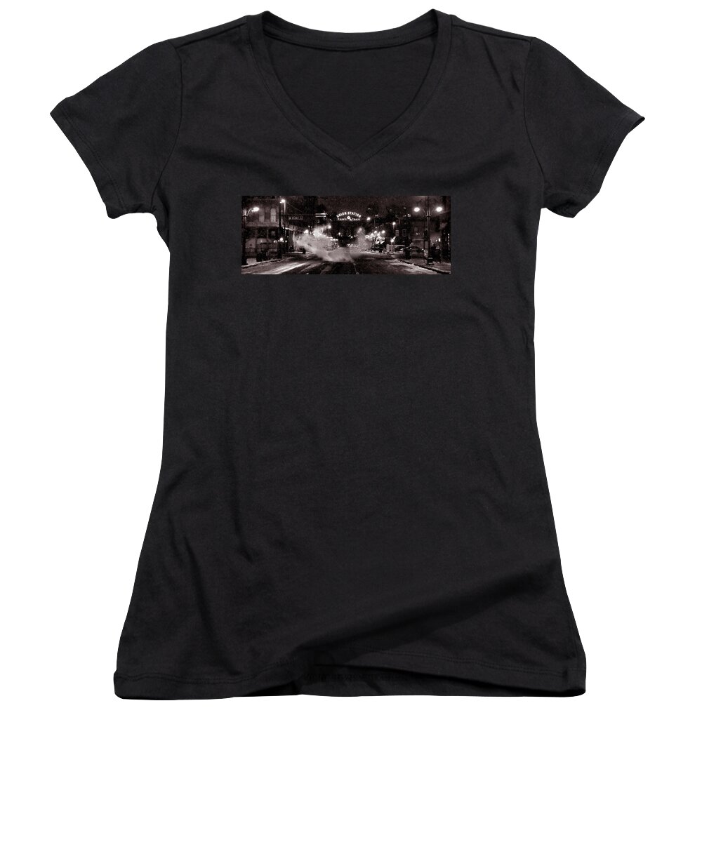 Denver Landscapes Women's V-Neck featuring the photograph Panorama of Denver Union Station During Snow Storm by Ken Smith