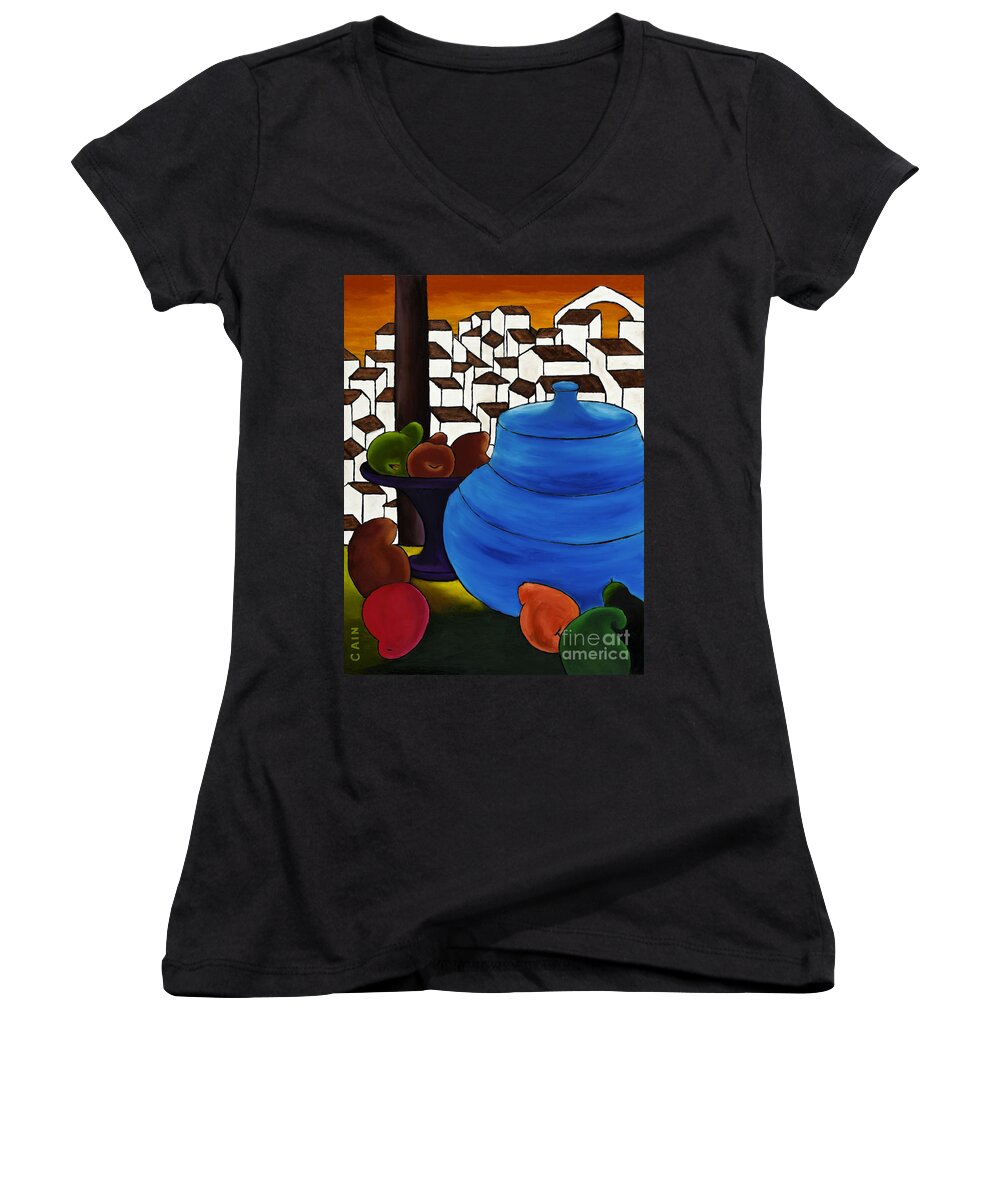 Pears Women's V-Neck featuring the painting Pears And Blue Pot by William Cain
