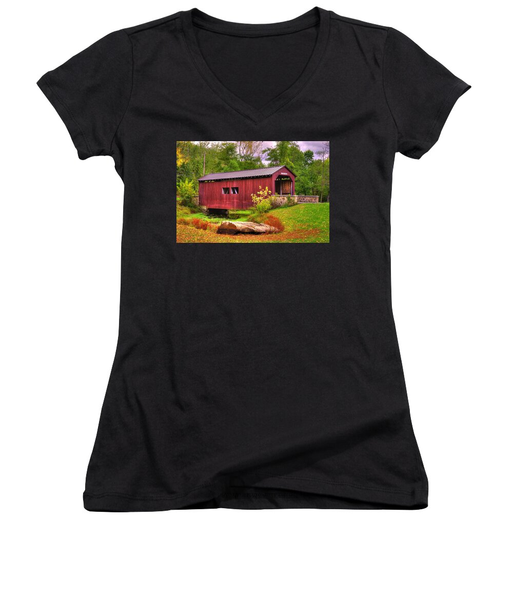 Everhart Covered Bridge Women's V-Neck featuring the photograph Pennsylvania Country Roads - Everhart Covered Bridge at Fort Hunter - Harrisburg Dauphin County by Michael Mazaika