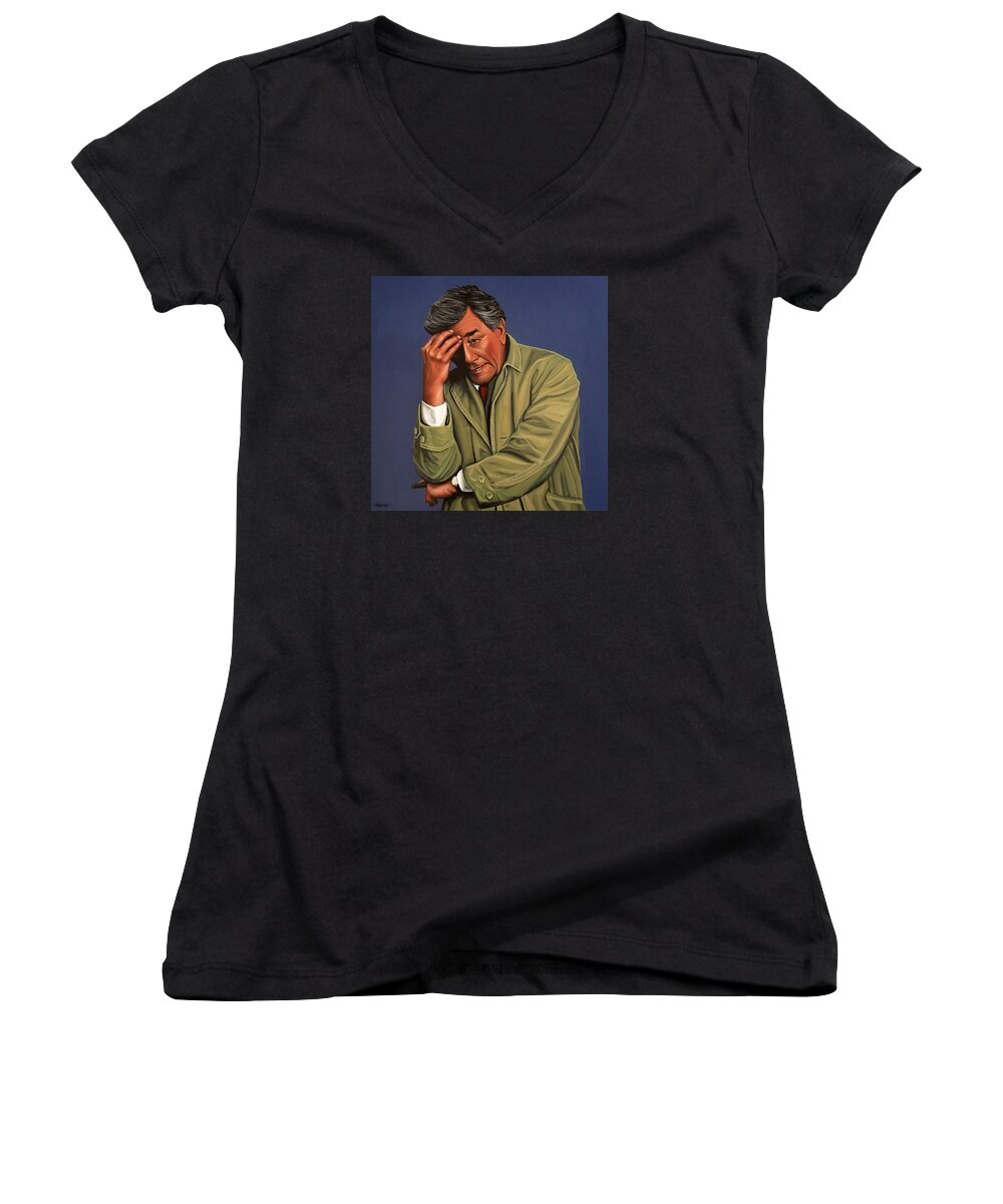 Peter Falk Women's V-Neck featuring the painting Peter Falk as Columbo by Paul Meijering