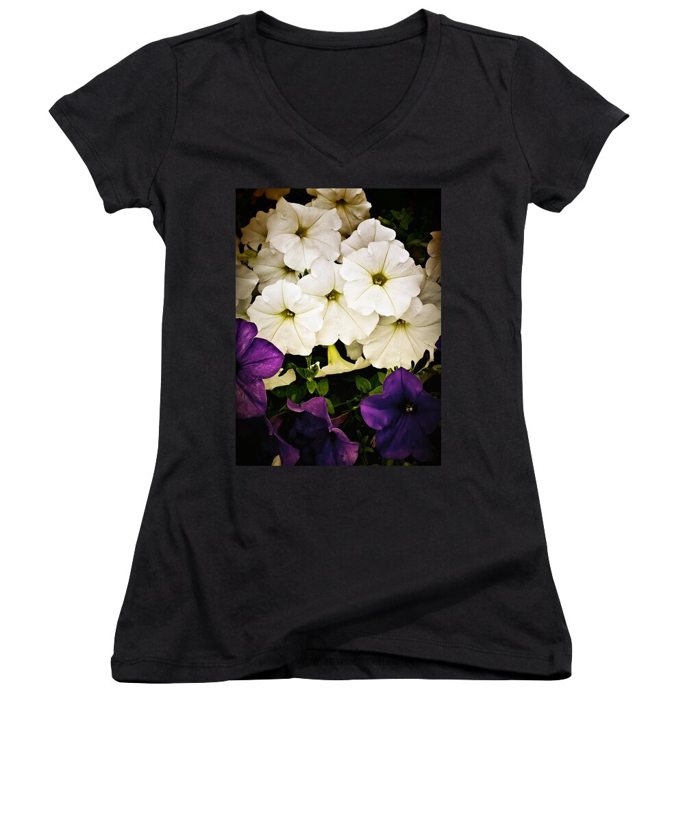 Flowers Women's V-Neck featuring the photograph Petunias by Susan Kinney