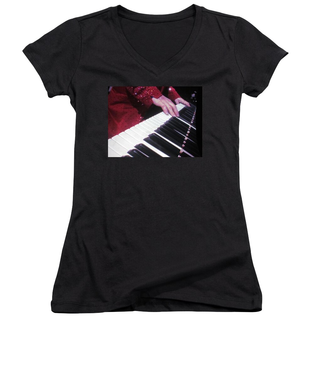 Elton Women's V-Neck featuring the photograph Piano Man at work by Aaron Martens