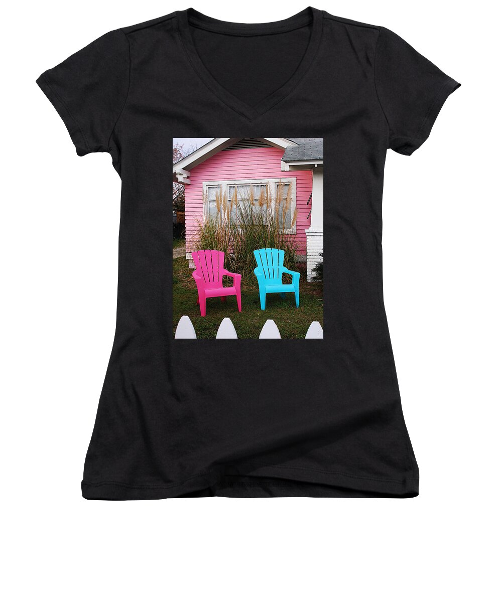 Pink Women's V-Neck featuring the photograph Pink and Blue Chairs by Jan Marvin by Jan Marvin
