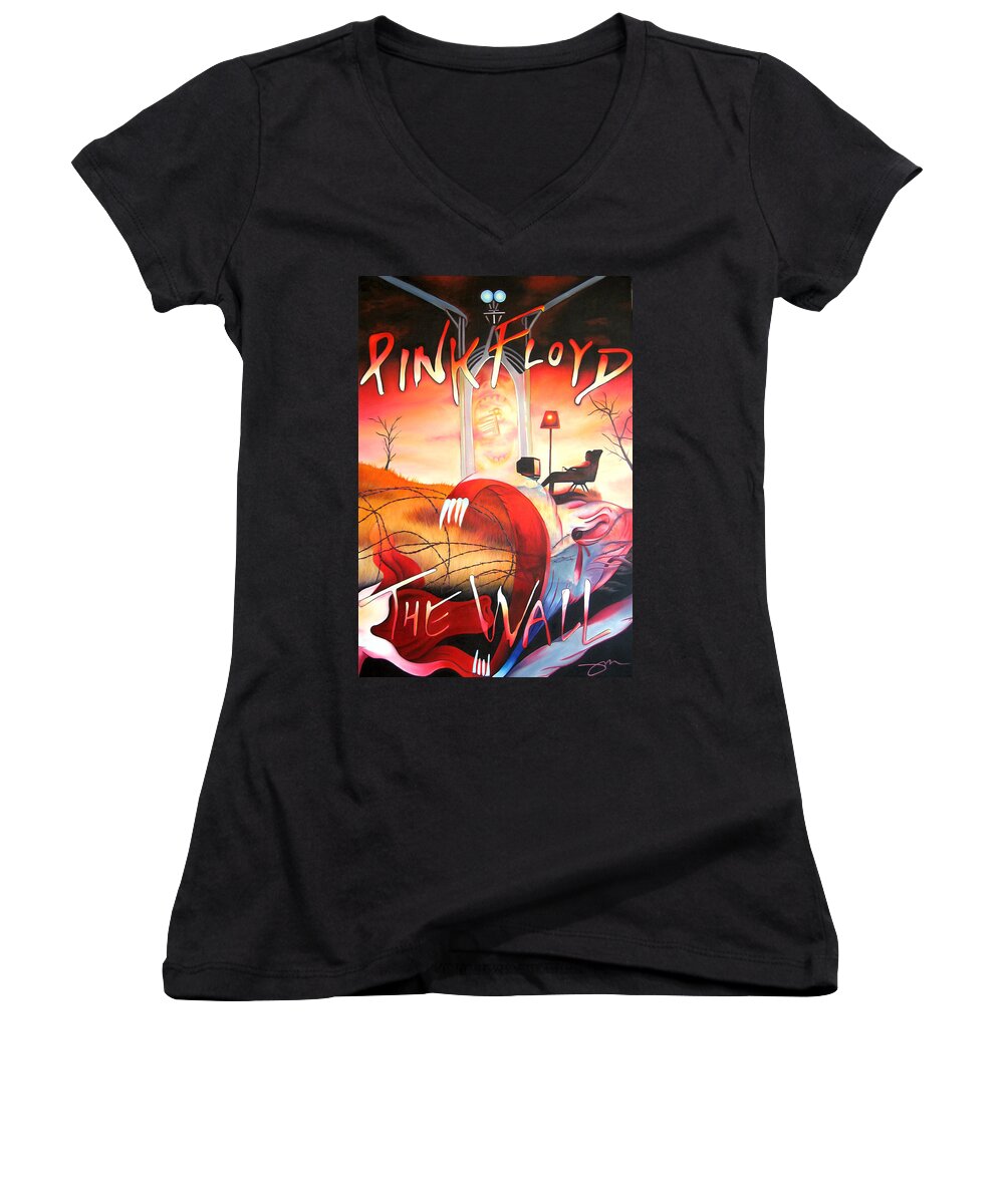 Pink Floyd Women's V-Neck featuring the painting Pink Floyd The Wall by Joshua Morton