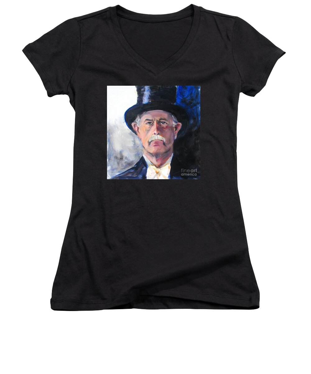 Portrait Painting Of Man Women's V-Neck featuring the painting Portrait of a man in top hat by Greta Corens
