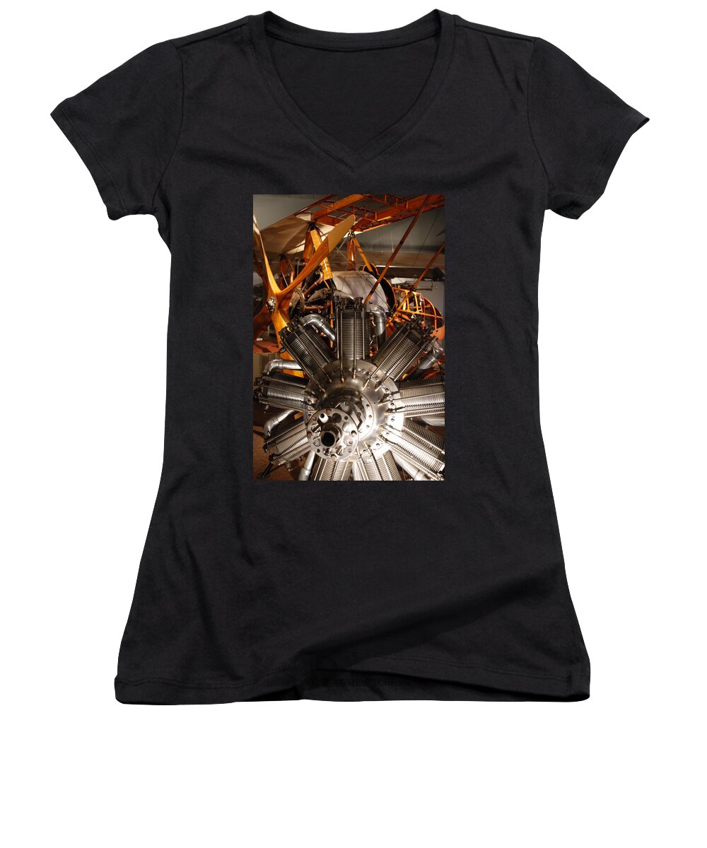 Planes Women's V-Neck featuring the photograph Prop Plane Engine Illuminated by Kenny Glover