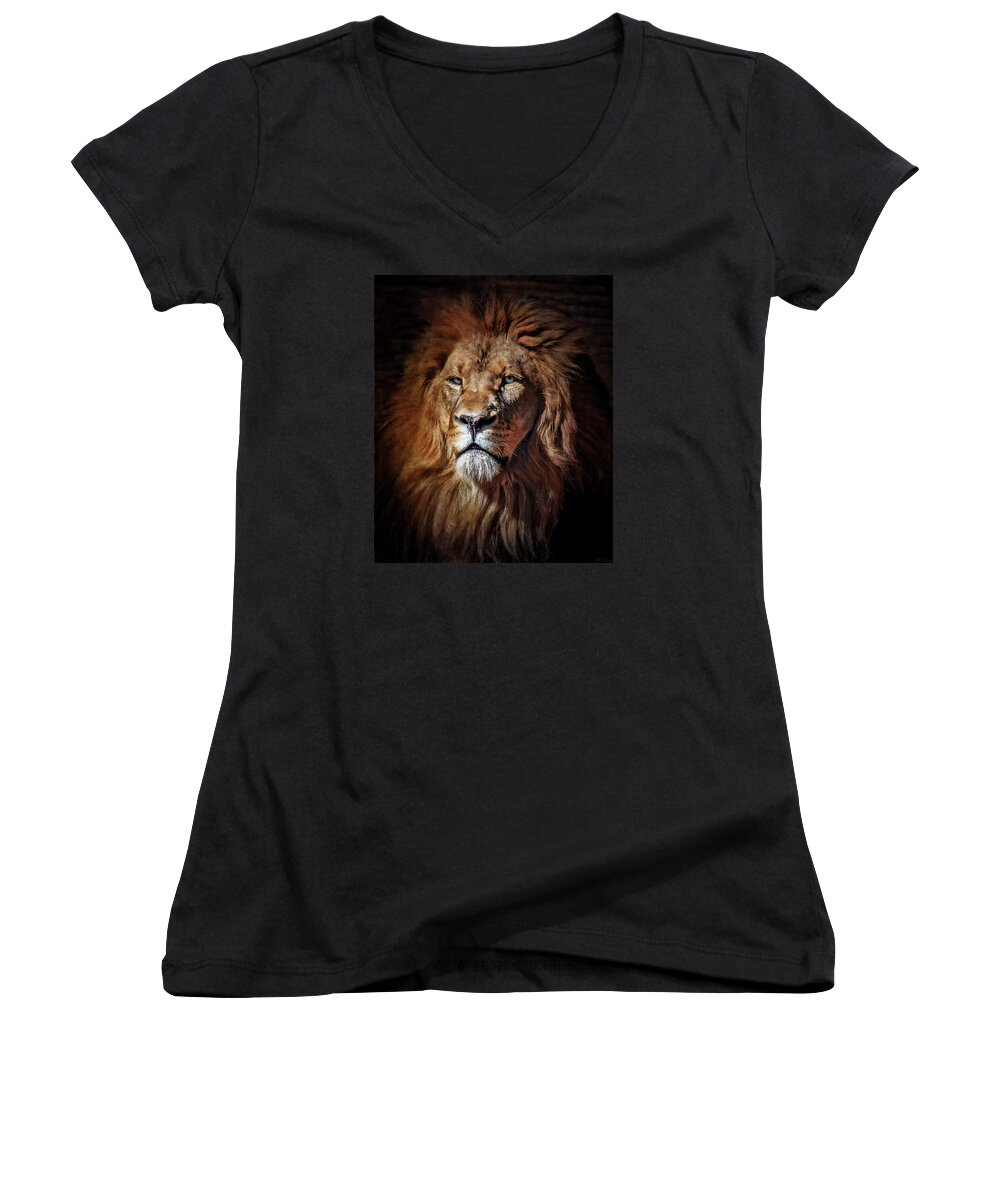 Lions Women's V-Neck featuring the mixed media Proud N Powerful by Elaine Malott