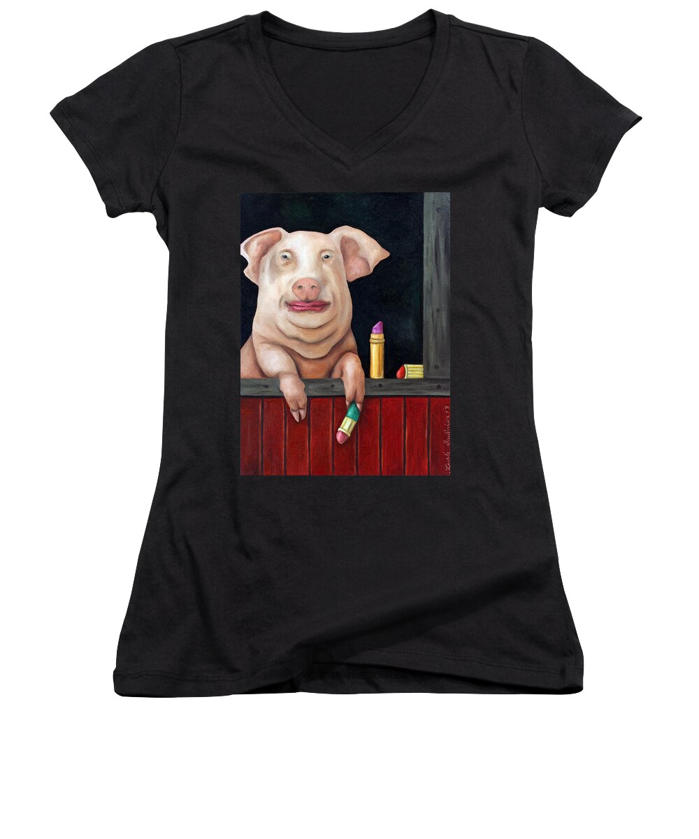 Lipstick Women's V-Neck featuring the painting Putting Lipstick On A Pig by Leah Saulnier The Painting Maniac
