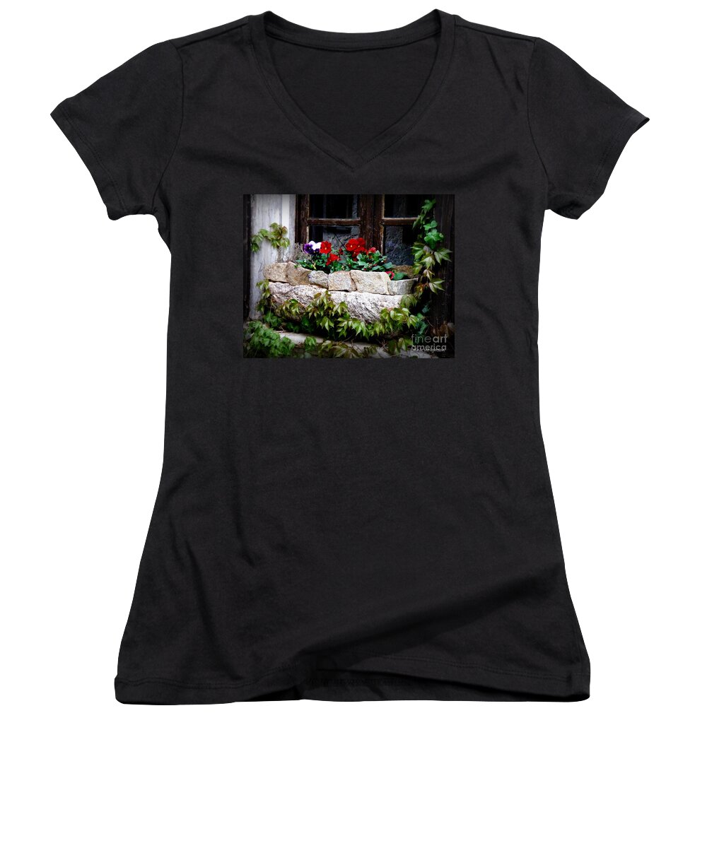 Floral Women's V-Neck featuring the photograph Quaint Stone Planter by Lainie Wrightson