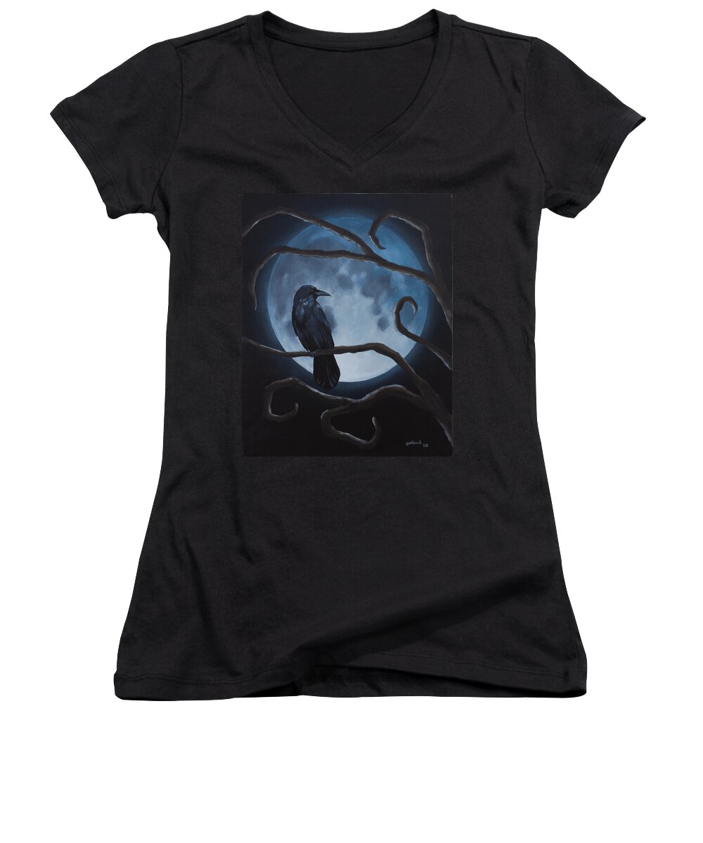 Gothic Women's V-Neck featuring the painting Raven Moon by Glenn Pollard