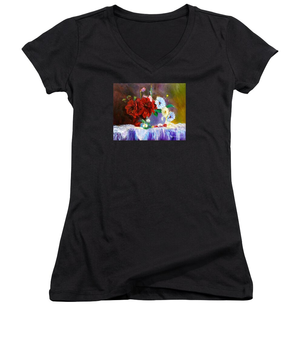 Floral Women's V-Neck featuring the painting Red Amaryllis by Jenny Lee