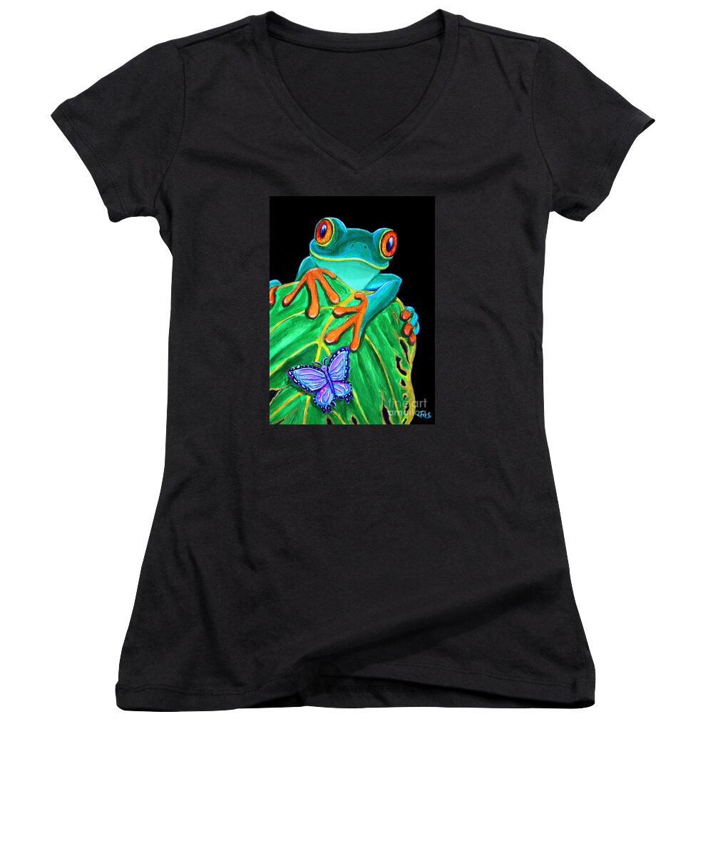 Red Eyed Tree Frog Women's V-Neck featuring the painting Red-eyed tree frog and butterfly by Nick Gustafson