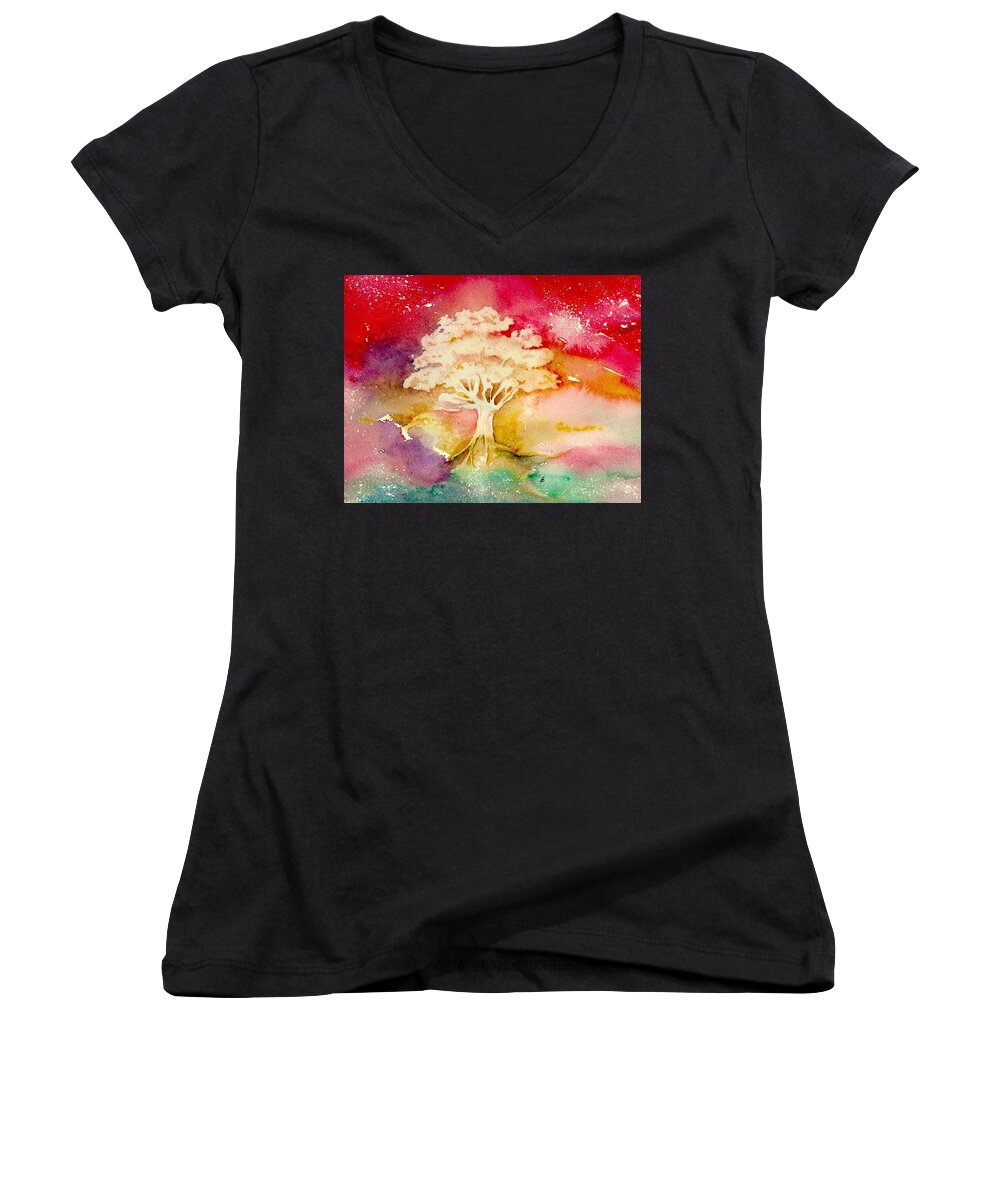 Watercolor Women's V-Neck featuring the painting Red Night by Brenda Owen