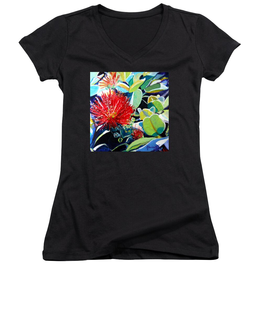 Hawaiian Flower Women's V-Neck featuring the painting Red Ohia Lehua Flower by Marionette Taboniar