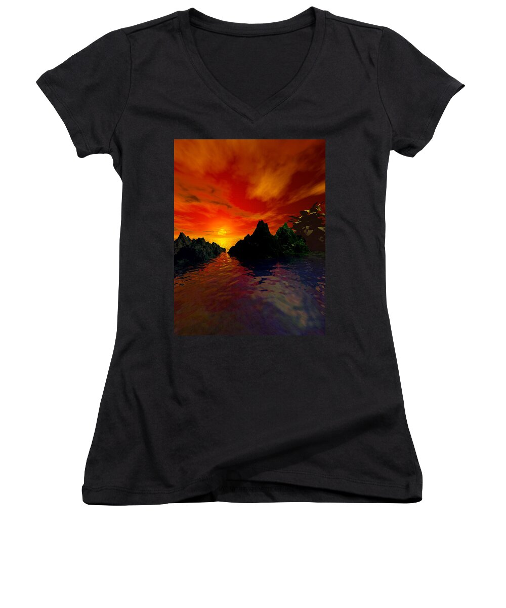 Red Sky Women's V-Neck featuring the digital art Red Sky by Kim Prowse