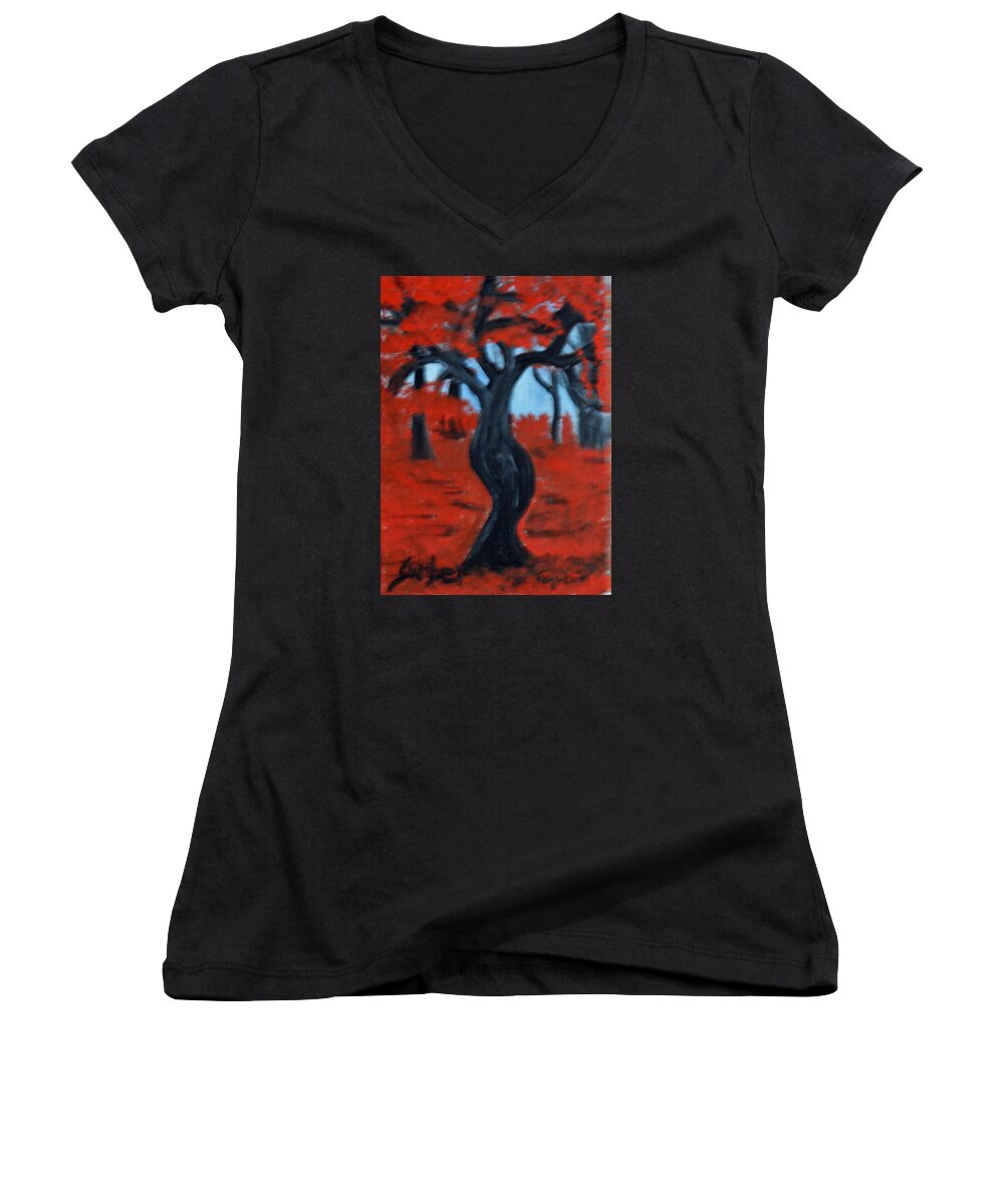 Red Women's V-Neck featuring the painting Red Trees by Suzanne Surber