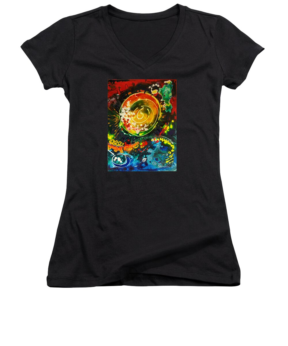 Sally Trace Women's V-Neck featuring the painting Redshift canvas 3 by Sally Trace