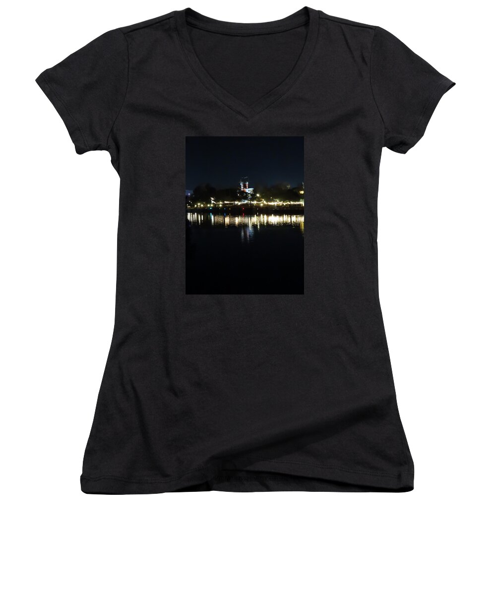 Kathy Long Women's V-Neck featuring the photograph Reflection of Lights by Kathy Long