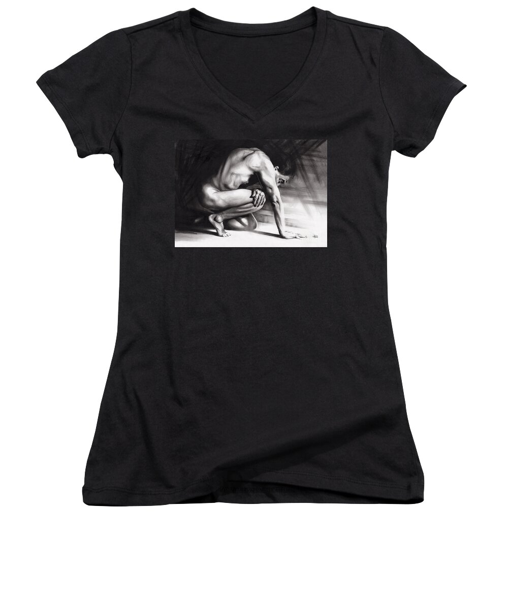 Figurative Women's V-Neck featuring the drawing Resting Il by Paul Davenport